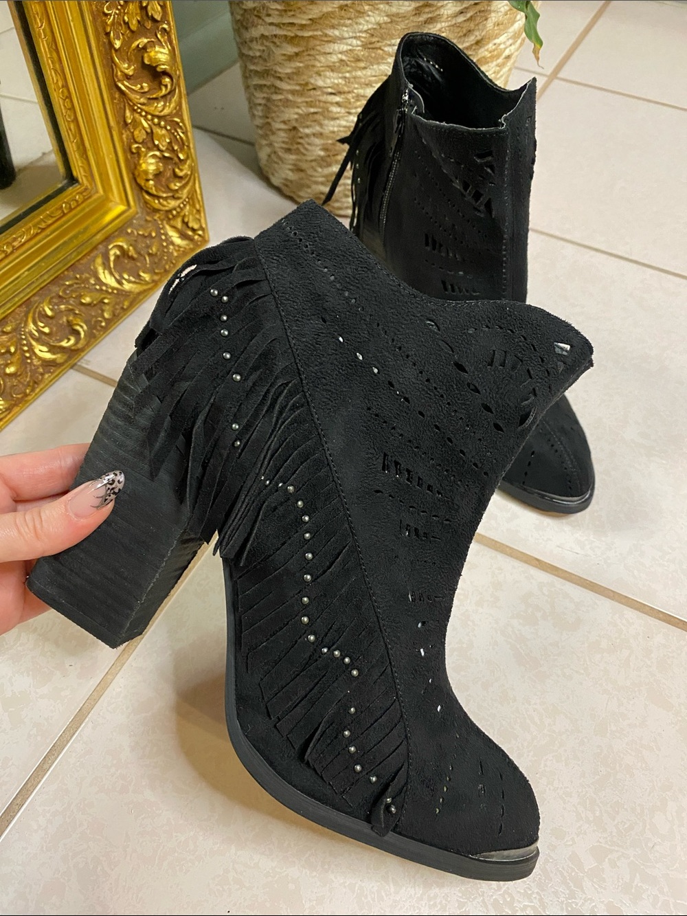 Not Rated Black Suede Fringe Studded Ankle Boots - Women